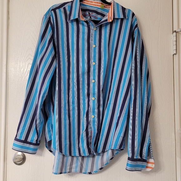 Robert Graham Men's Striped Blue Shirt Size 2xl Blue Flip Cuff Embroidered Logo - Picture 1 of 6